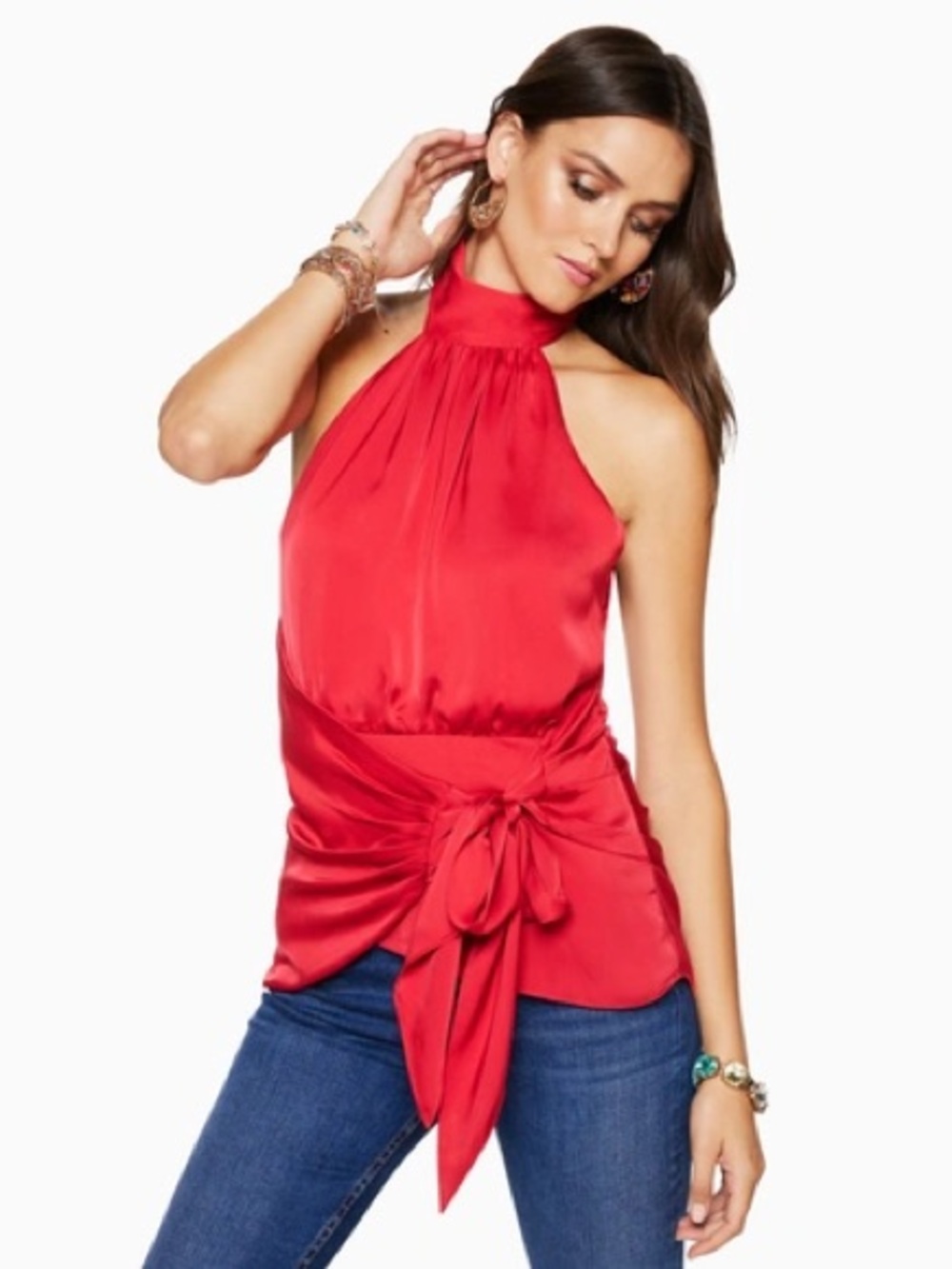 Ramy Brook Satin Halter Blouse with Tie Front